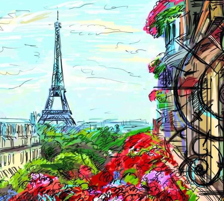 Пейзаж Парижа гуашью