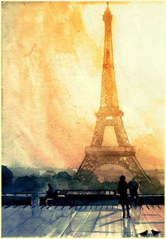 Париж акварель Эйфелева башня