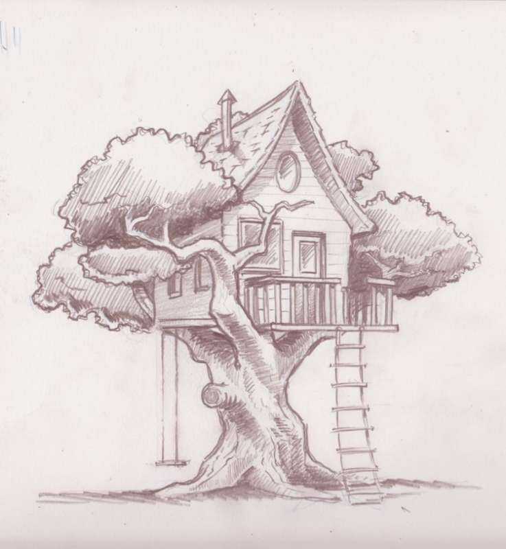 Домик на дереве карандашом