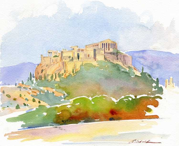 Греческий храм акварель