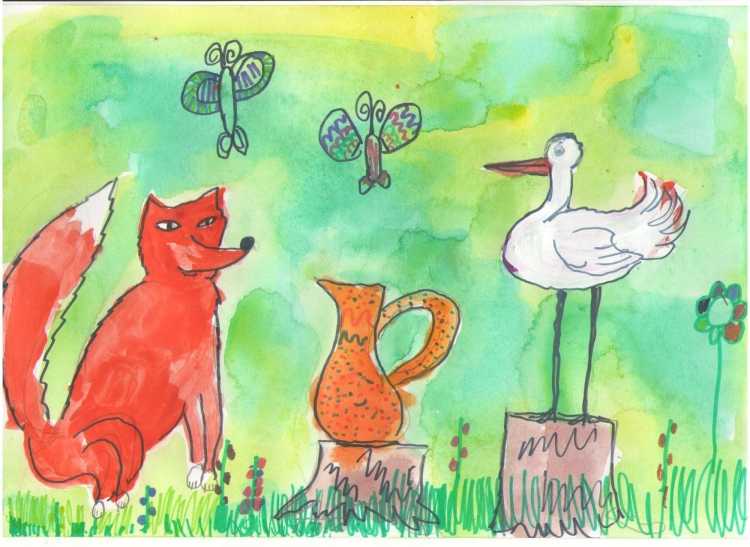 Детские рисунки к сказке лиса и журавль