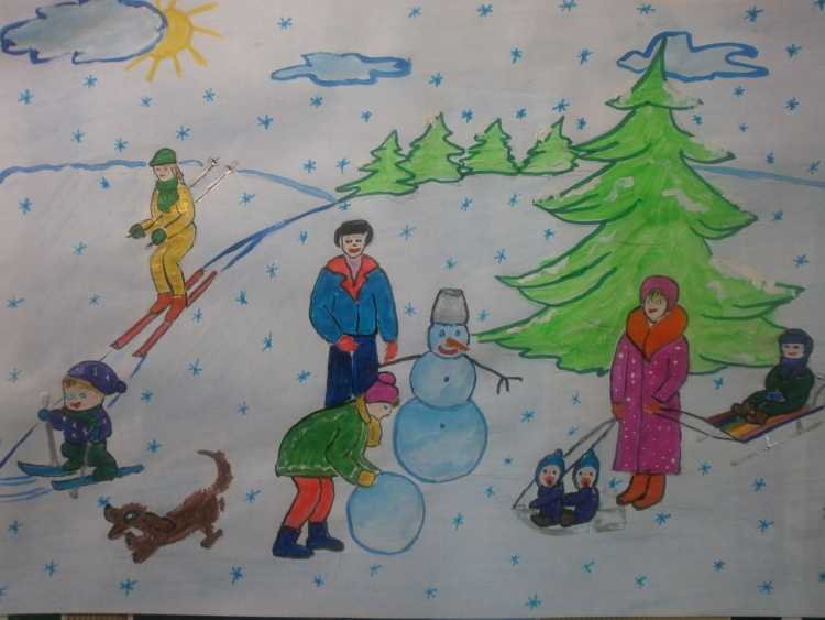 Рисунок на тему зимняя прогулка