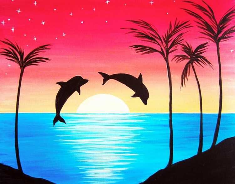 Пейзаж с пальмами и дельфинами
