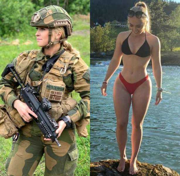 Девушки в военной форме и без формы