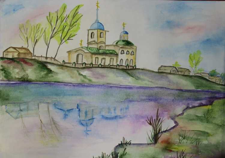 Церковь у речки рисунок
