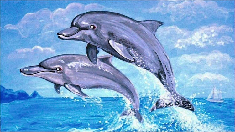 Дельфины цветными карандашами