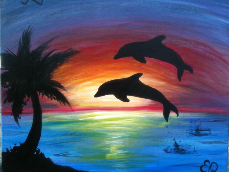 Пейзаж с дельфинами в красках