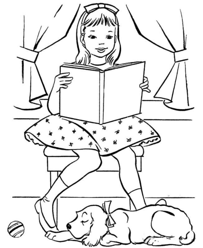 Раскраска девочка читает книгу