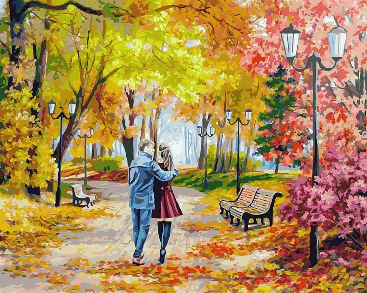 Осенний парк скамейка двое картина по номерам