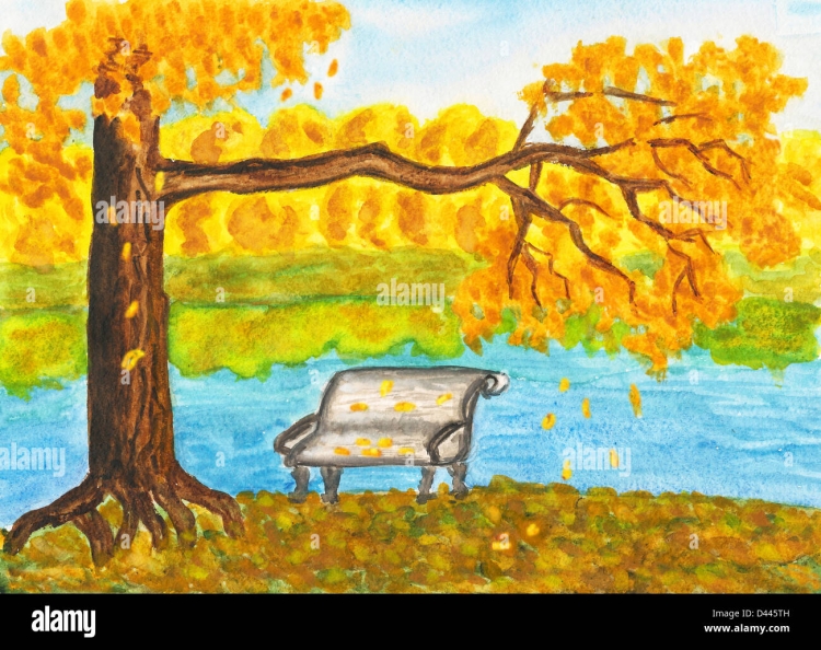 Рисунок на тему осень лавочка